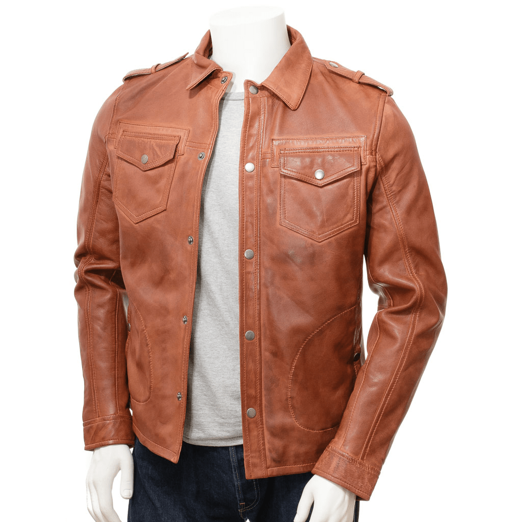 MEN BROWN LEATHER SHIRT JACKET NORWICH