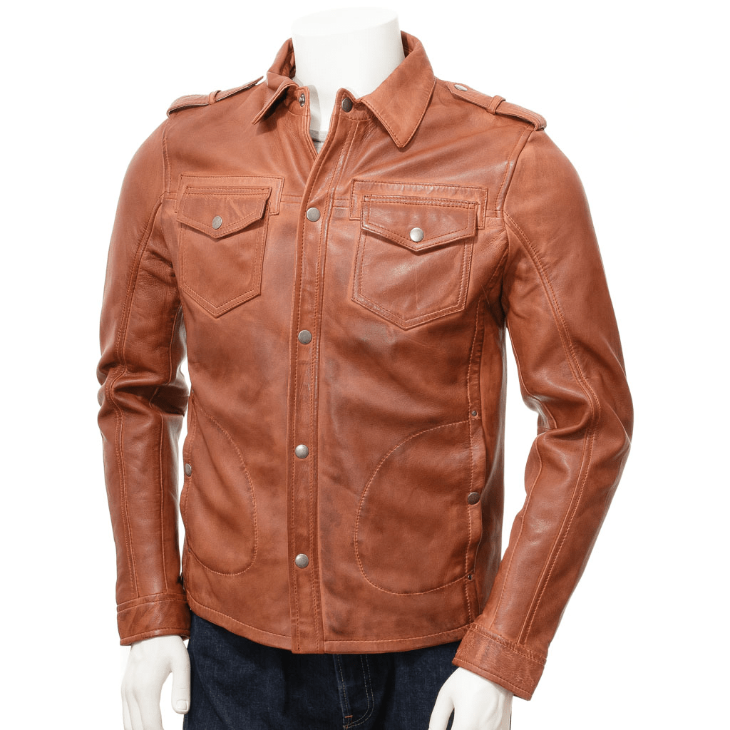 MEN BROWN LEATHER SHIRT JACKET NORWICH