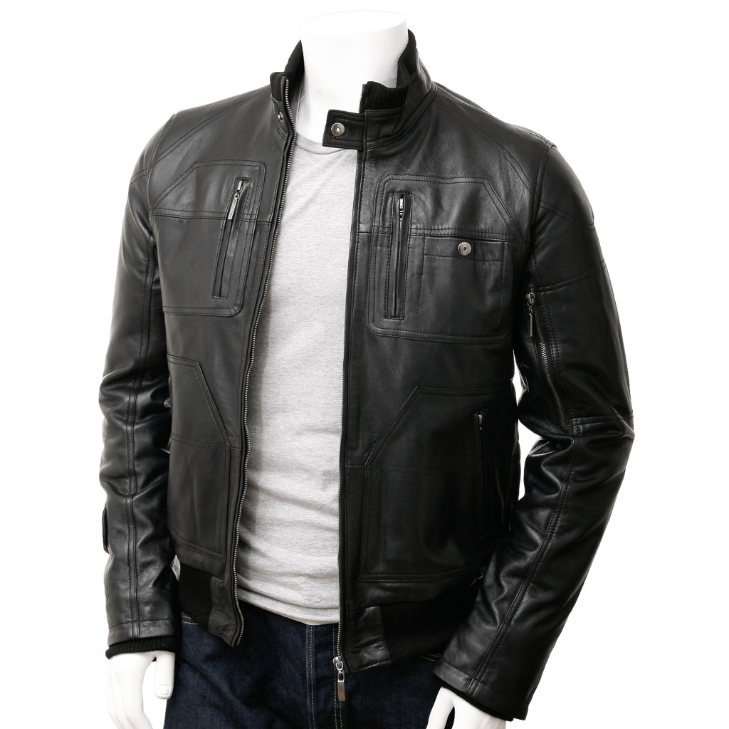 MEN LEATHER BOMBER JACKET IN BLACK GATES